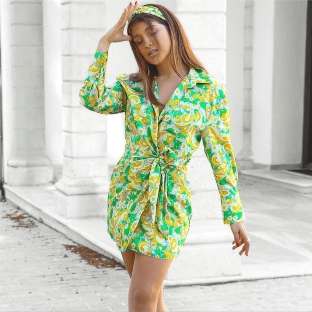 Zara Printed Wrap Mini Dress With Headband Yellow Green Small